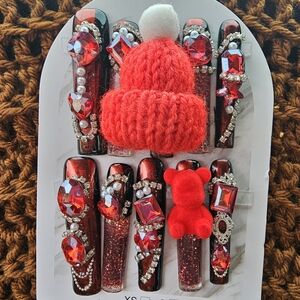 Red Glitter Water Nail Set with Hat and Bear Size L